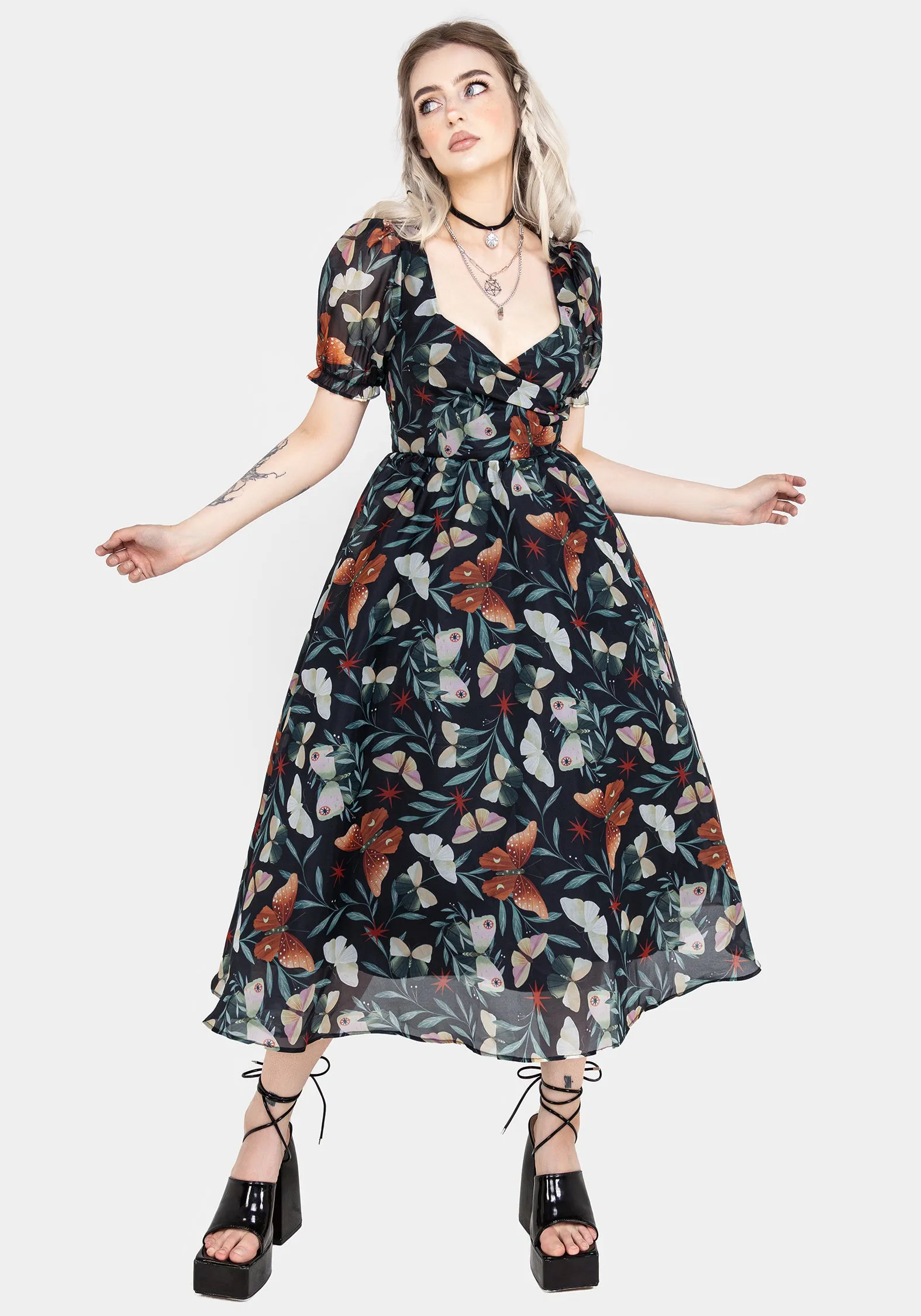 Weather Ready Mariposa Puff Sleeve Organza Midi Dress
