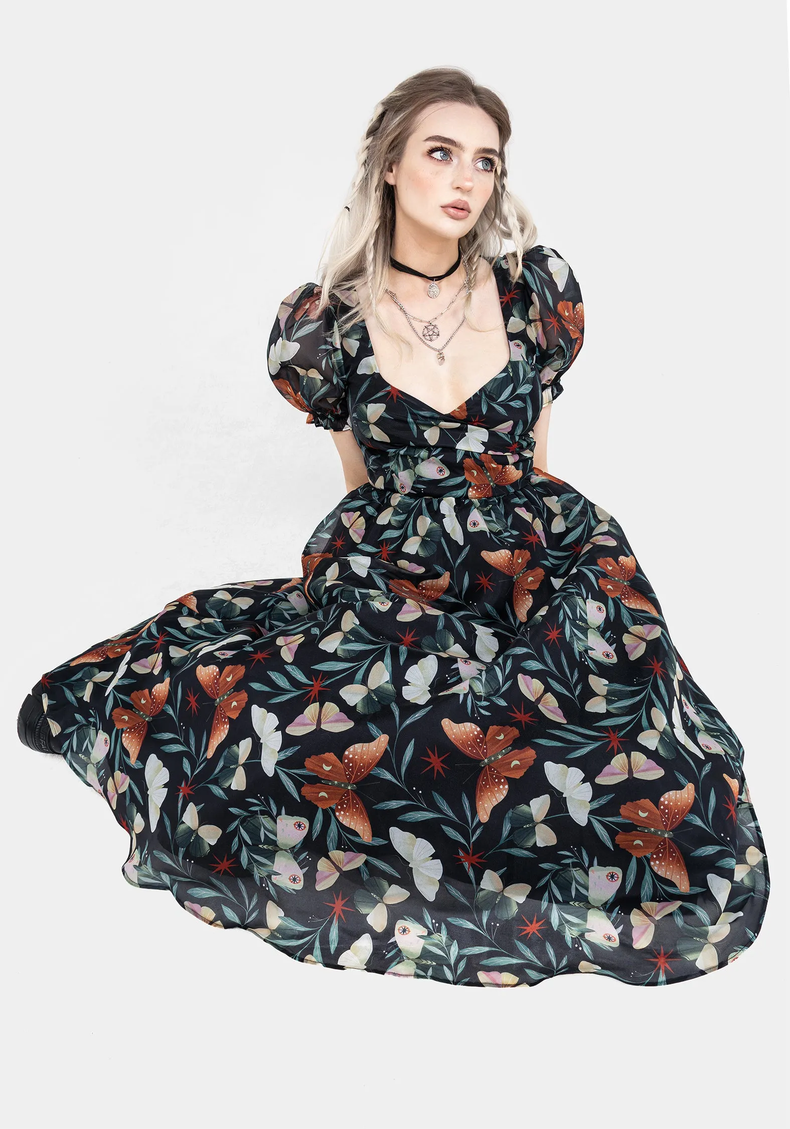 Mariposa Puff Sleeve Organza Midi Dress Mist Valley Fashionable Fit