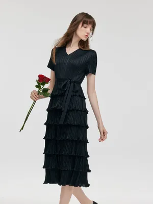 Pleated Women Tiered Midi Dress With Belt Chiffon Air