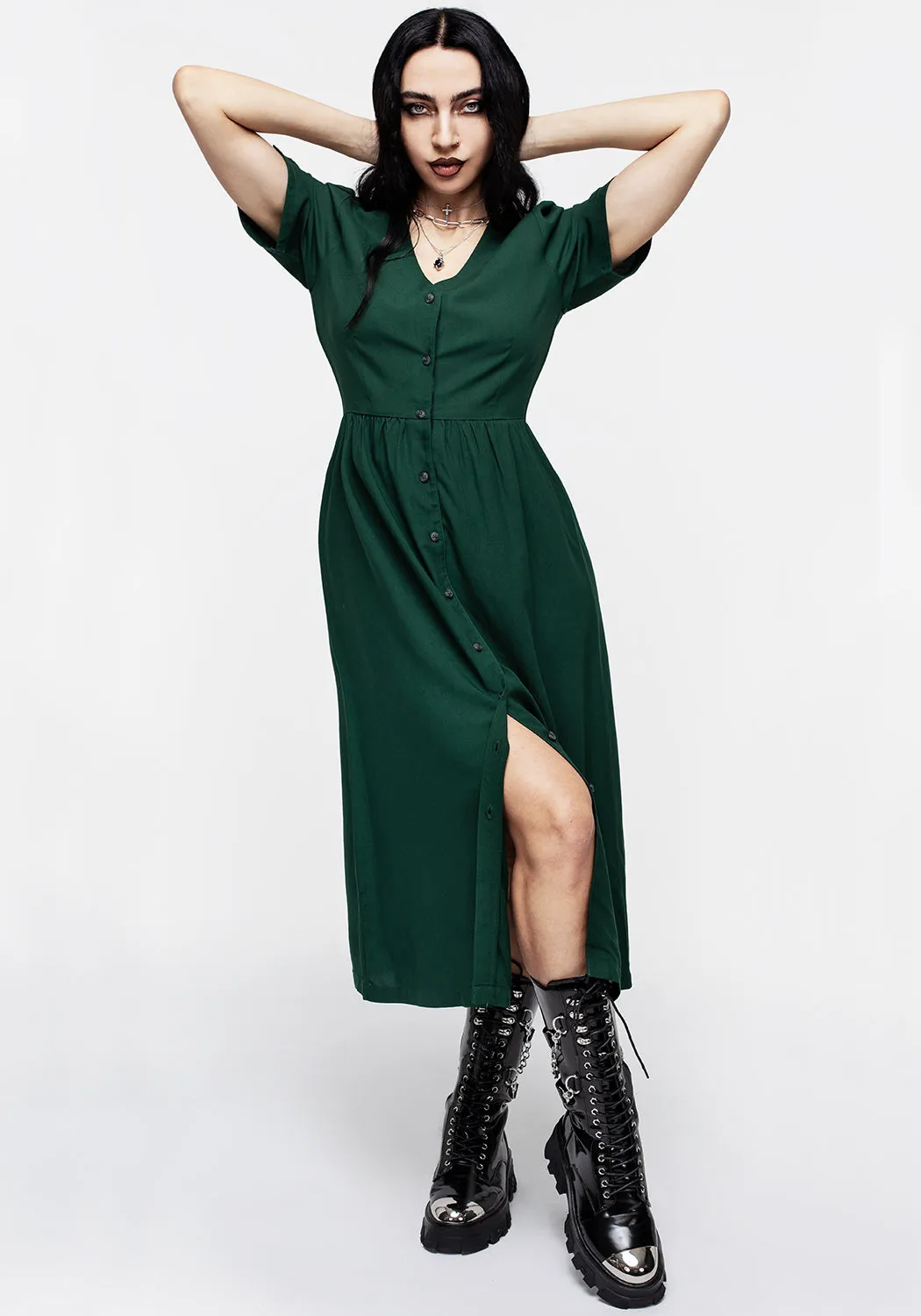 Soft Grace Realm Button Down Midi Dress - Sycamore Green