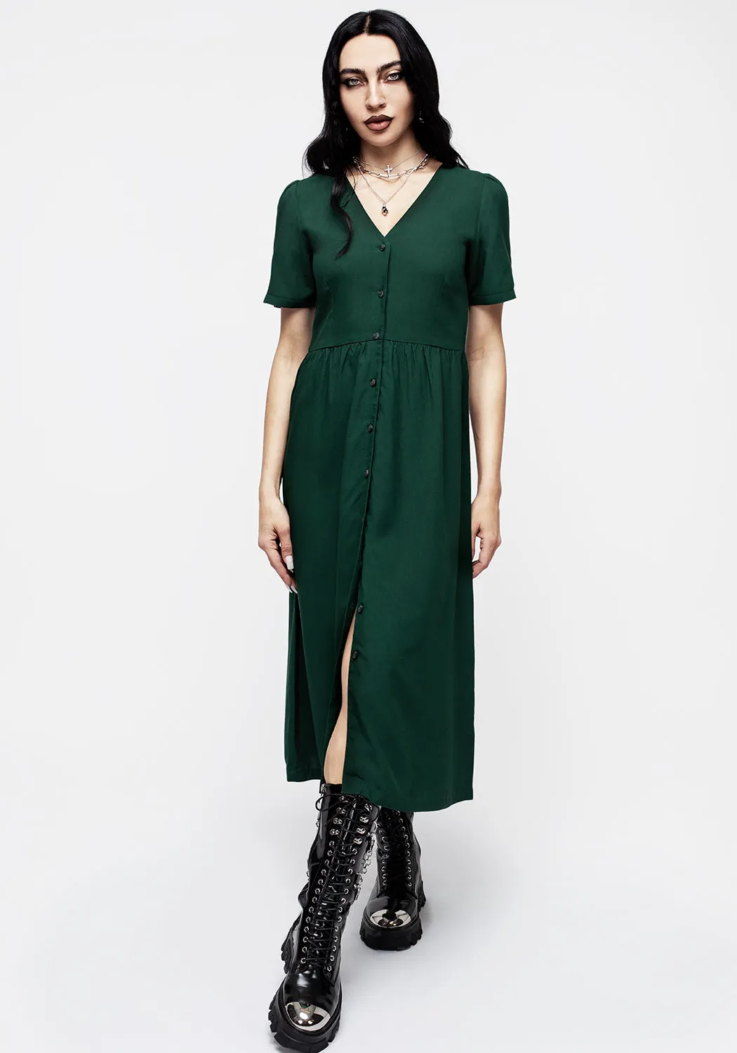 Moon View Realm Button Down Midi Dress - Sycamore Green