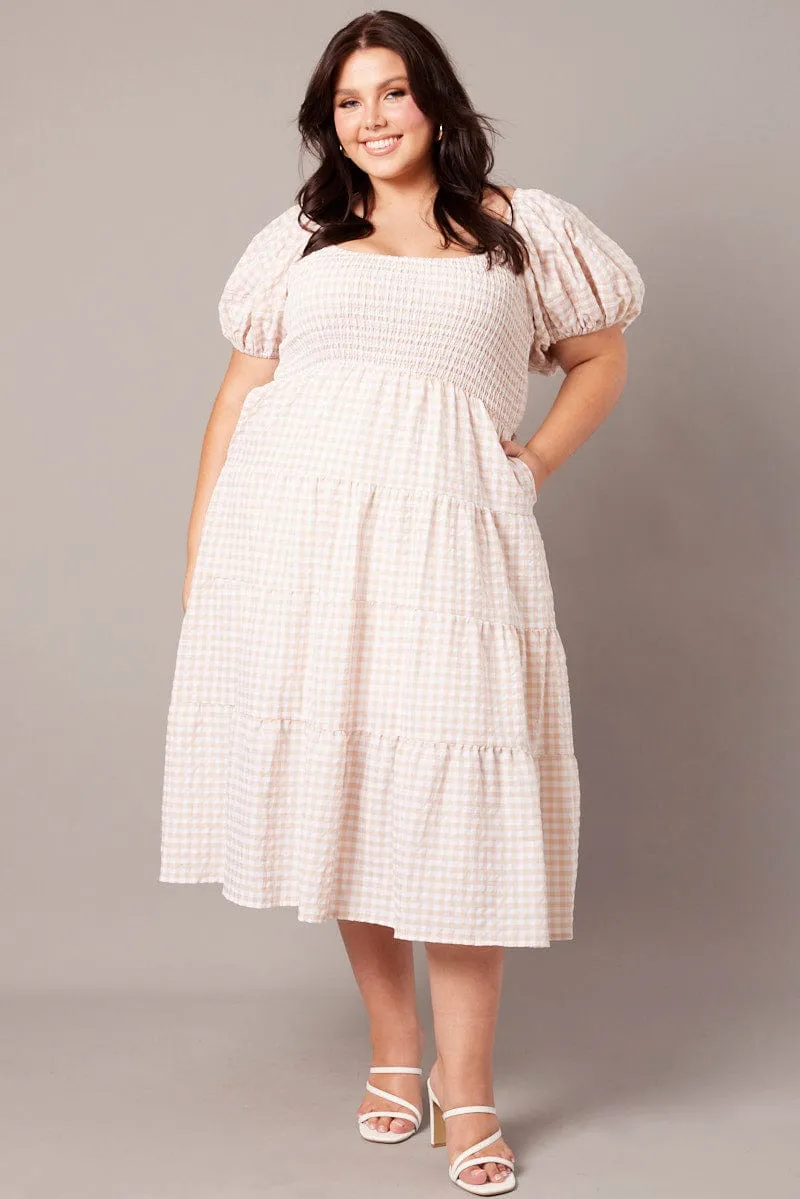 Beige Check Midi Dress Short Sleeve Shirred Joyful Self Gem Shine