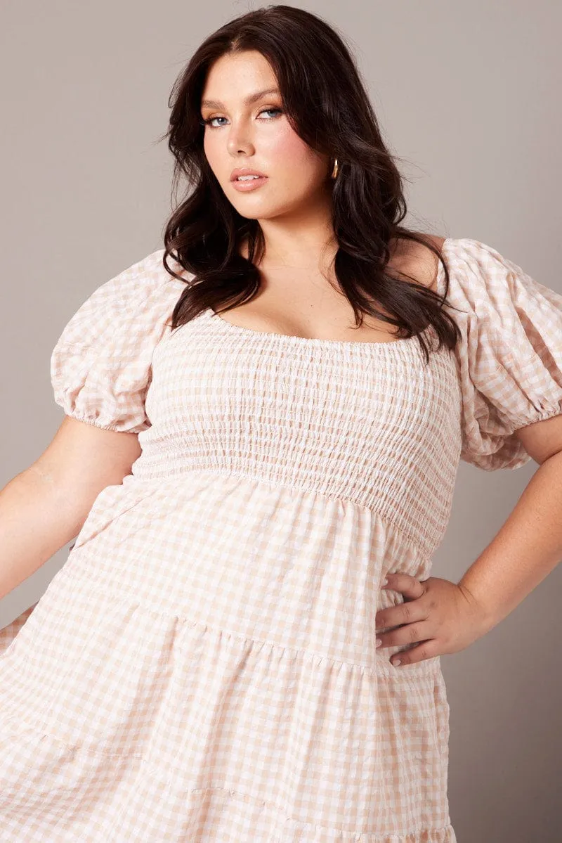 Beige Check Midi Dress Short Sleeve Shirred Feminine Energy