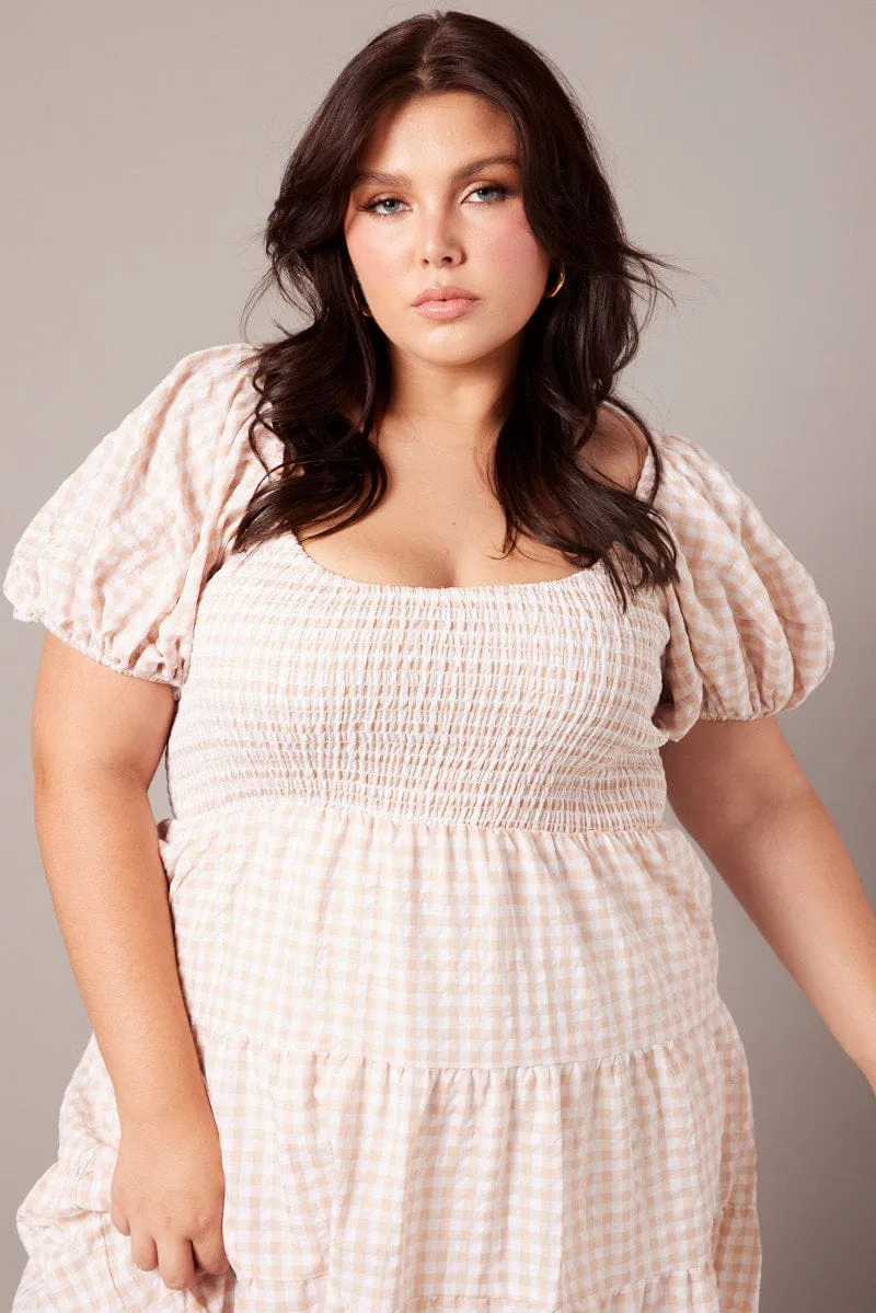 Beige Check Midi Dress Short Sleeve Shirred Moon View