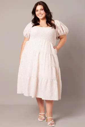Beige Check Midi Dress Short Sleeve Shirred Joyful Self Gem Shine