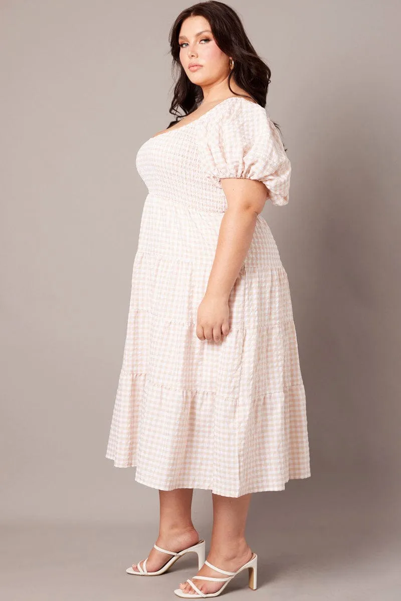 Polished Fashion Beige Check Midi Dress Short Sleeve Shirred