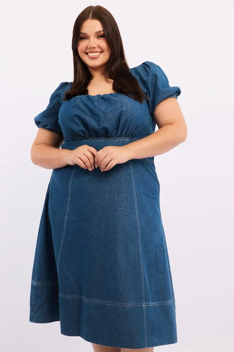 Classic silhouette dress Fashion Statement Denim Midi Dress Short Sleeve Ruched Bust