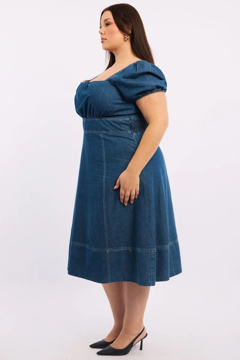 Denim Midi Dress Short Sleeve Ruched Bust subtle style