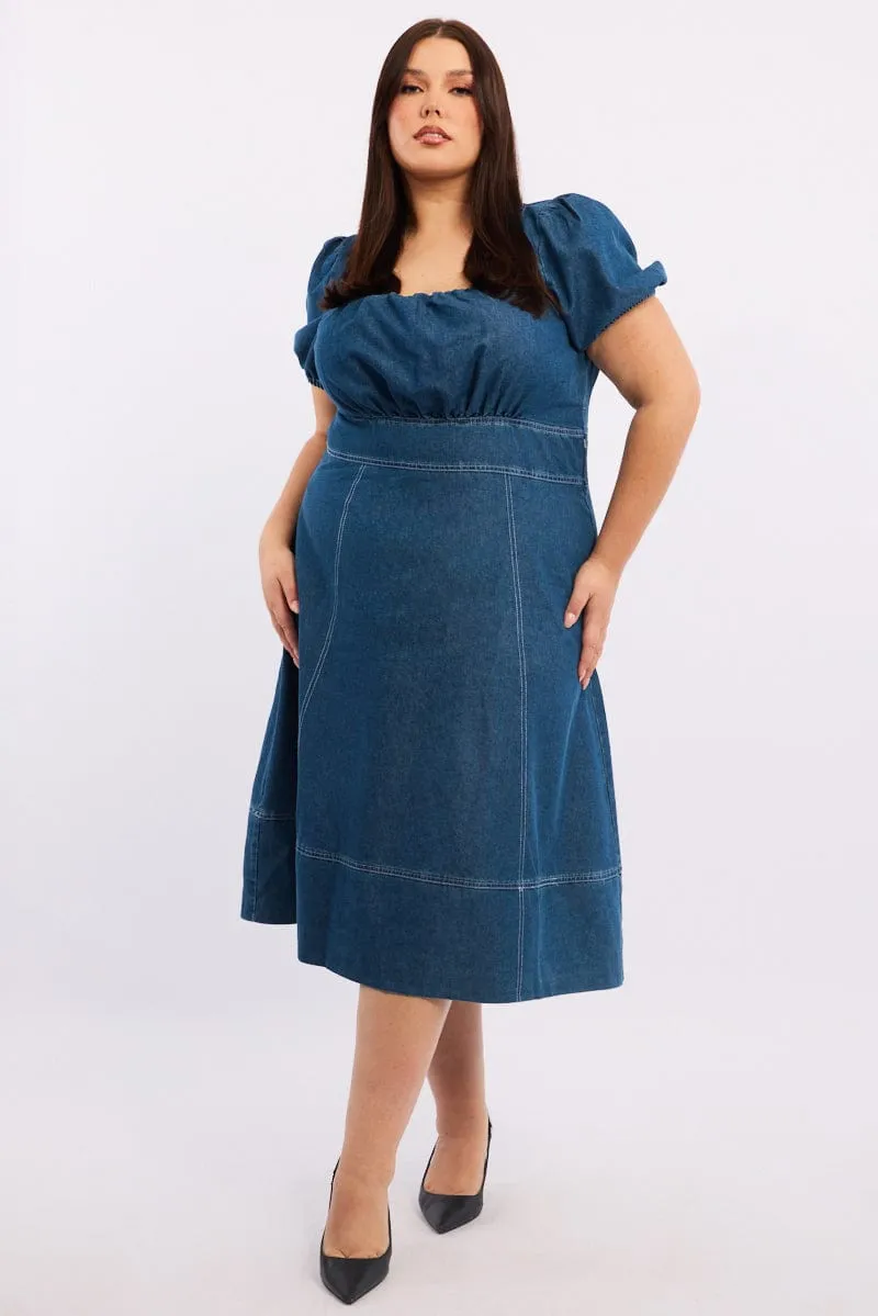 Denim Midi Dress Short Sleeve Ruched Bust One Step Look Birthday Dinner