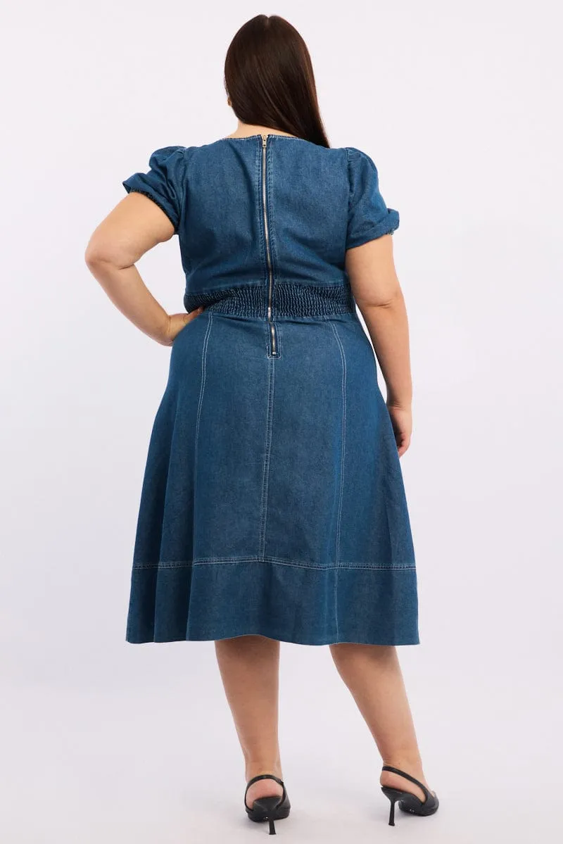 Classic Smart Ball Night Denim Midi Dress Short Sleeve Ruched Bust