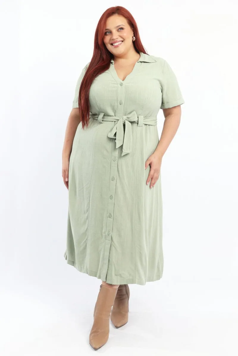 Comfortable Design Green Midi Dress Short Sleeve Shirt Waist Tie