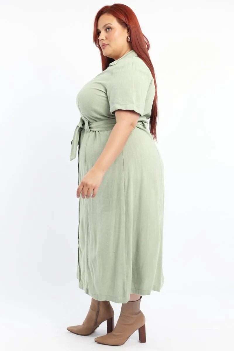 family gathering Green Midi Dress Short Sleeve Shirt Waist Tie
