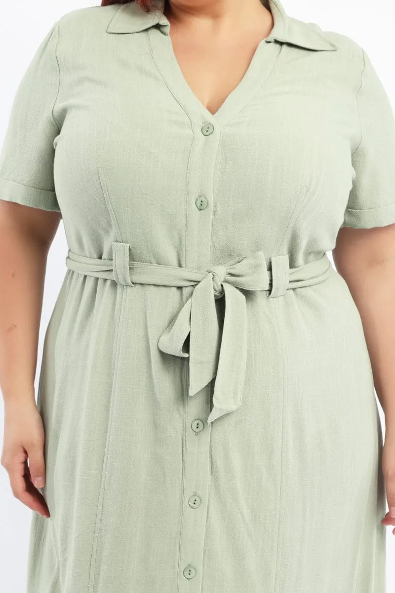Pasture View Tall Frame Green Midi Dress Short Sleeve Shirt Waist Tie