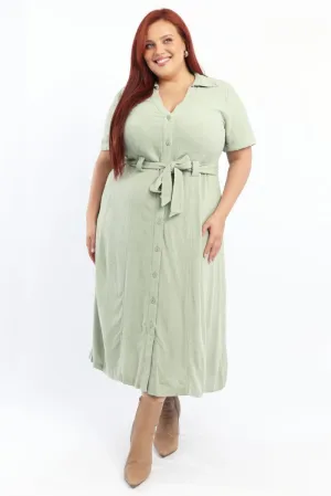 Comfortable Design Green Midi Dress Short Sleeve Shirt Waist Tie