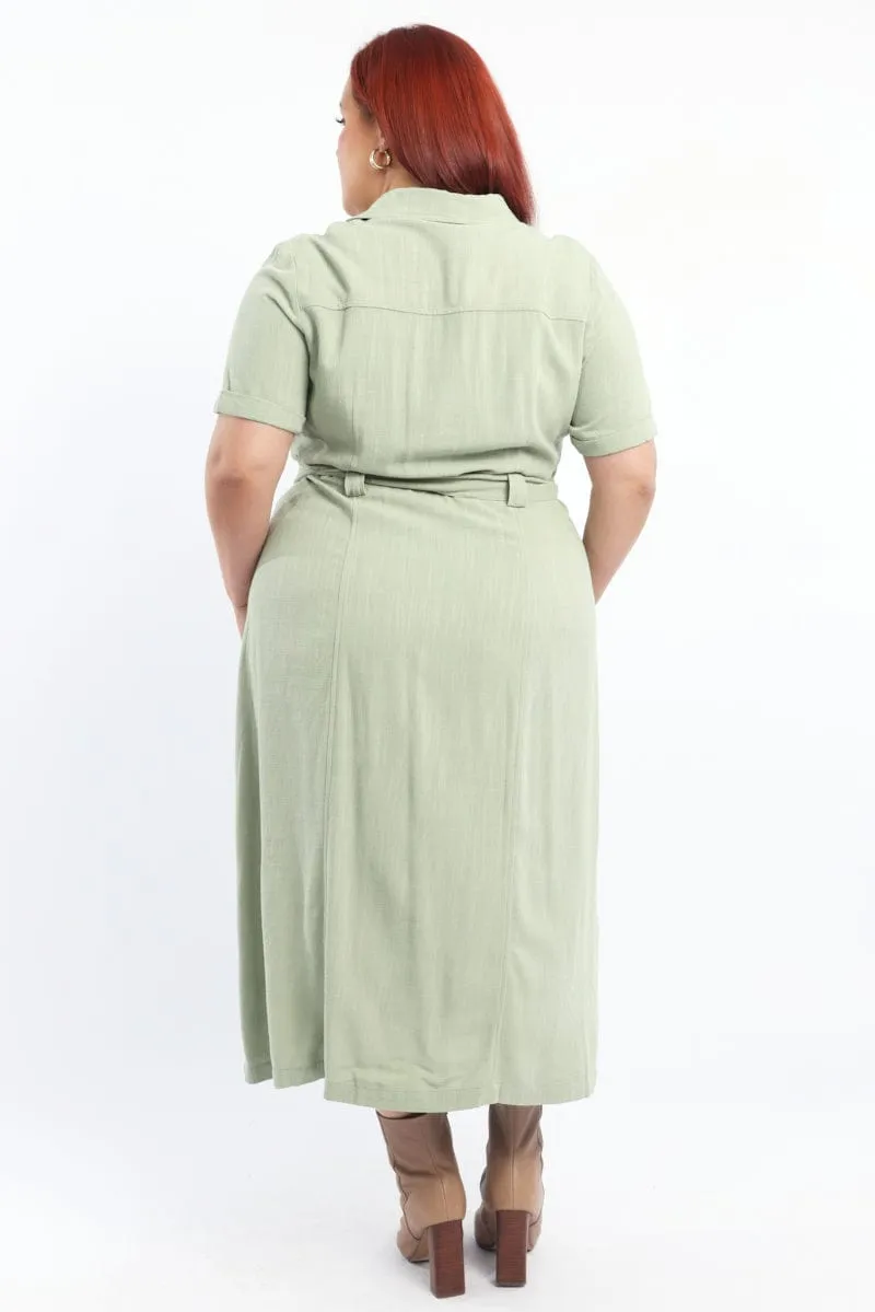 Green Midi Dress Short Sleeve Shirt Waist Tie Tram Ride Mist Valley