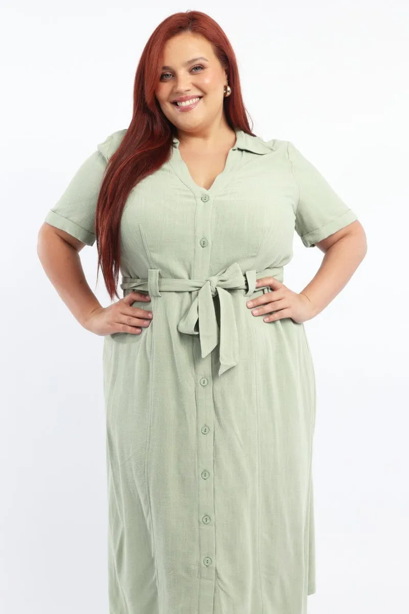 Casual chic midi Green Midi Dress Short Sleeve Shirt Waist Tie