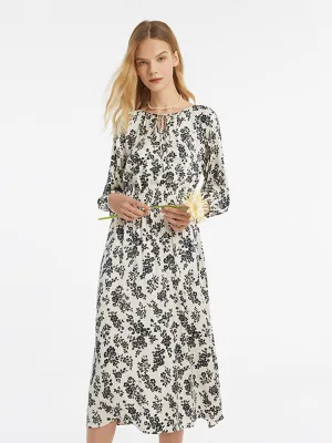 Charming Style Camellia Print Gathered Waist Women Midi Dress