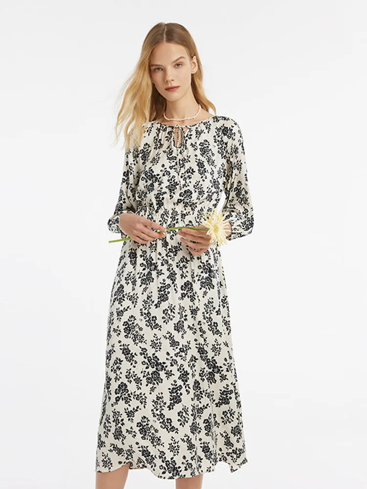 Business Meeting Camellia Print Gathered Waist Women Midi Dress