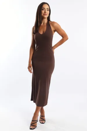 Brown Bodycon Dress Halter Neck Vented Panels