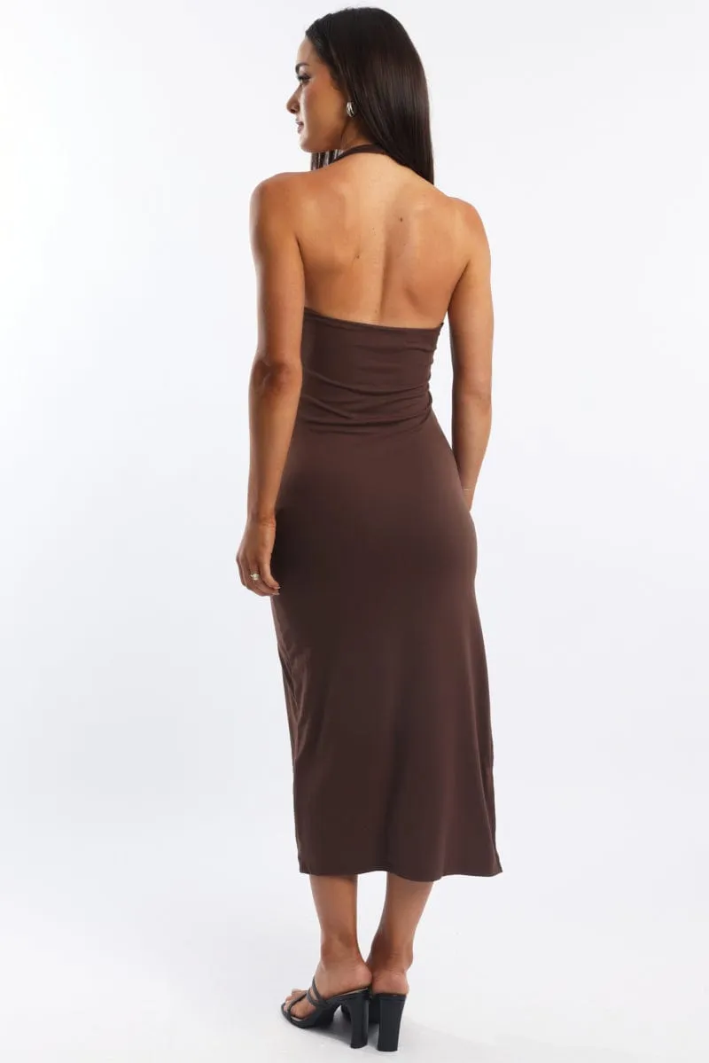 Brown Bodycon Dress Halter Neck MultiFunctional Pockets Model Glow