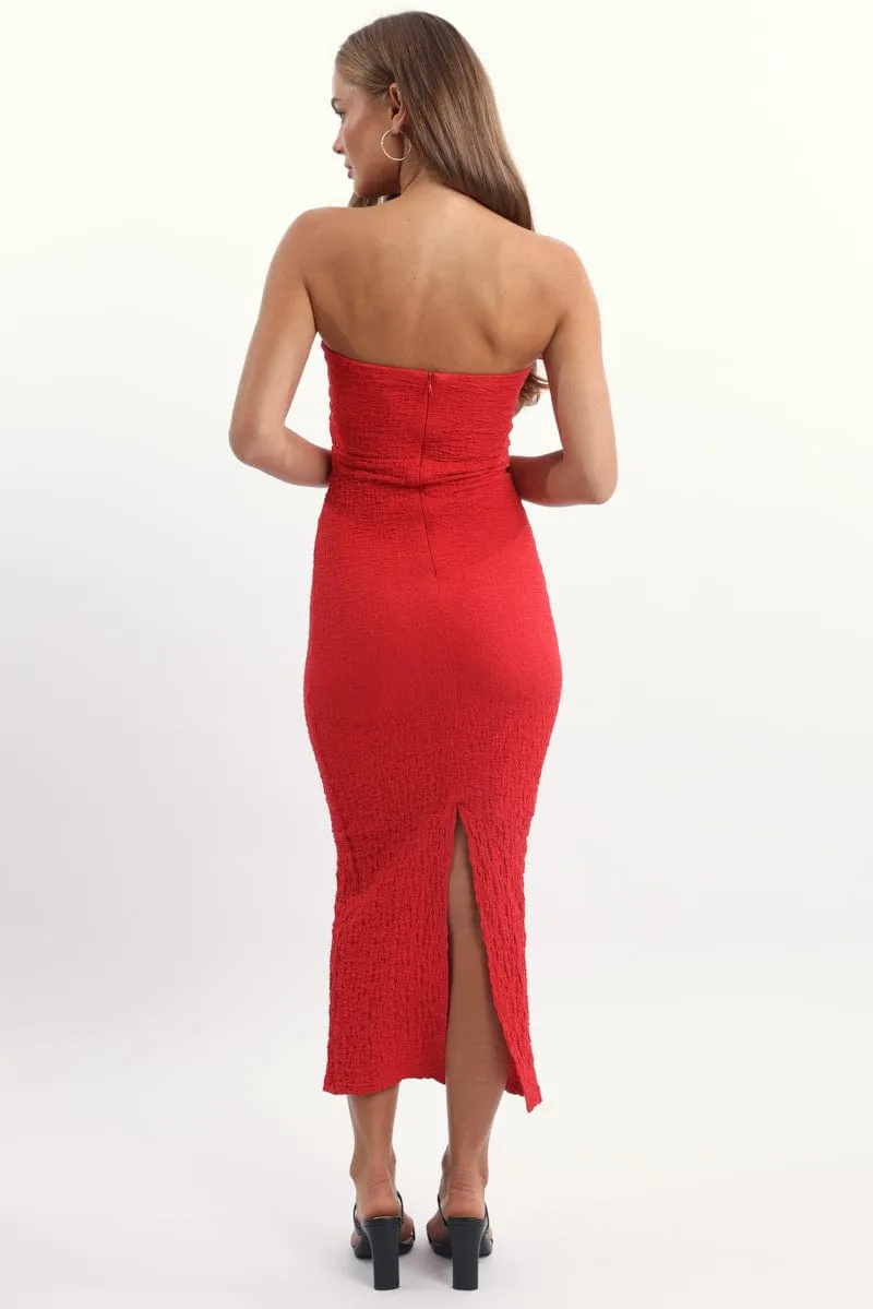 Red Bodycon Dress Boob Tube Textured Midi SoftTouchFinish