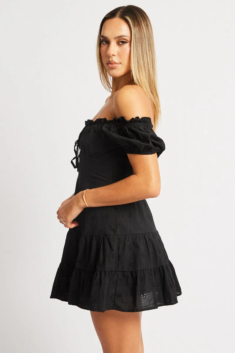 Training Fit Black Fit And Flare Dress Short Sleeve Eyelet Fabric