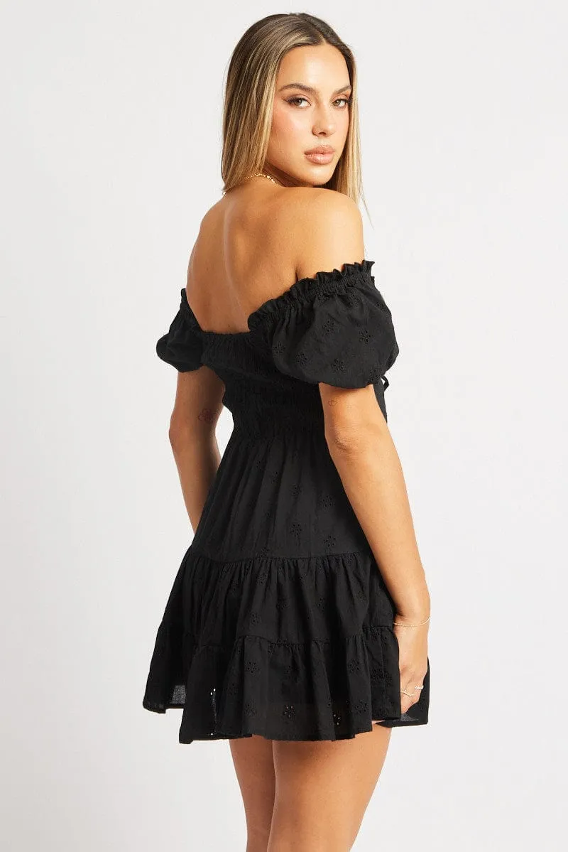 EasyCareMaterial Outdoor Jacket Black Fit And Flare Dress Short Sleeve Eyelet Fabric