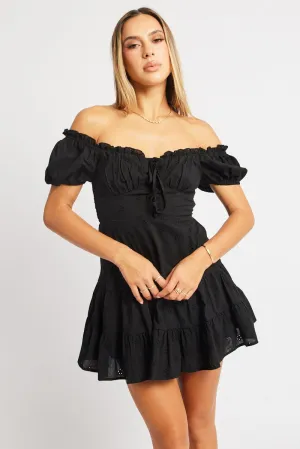 Active Look Comfort sleepwear Black Fit And Flare Dress Short Sleeve Eyelet Fabric