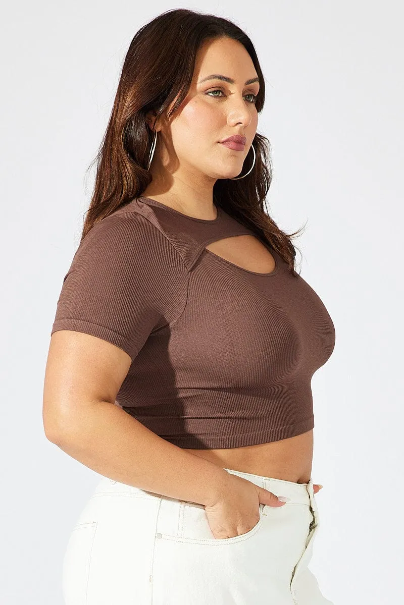 Brown Cut Out Top Short Sleeve Crew Neck Seamless Morning Ease