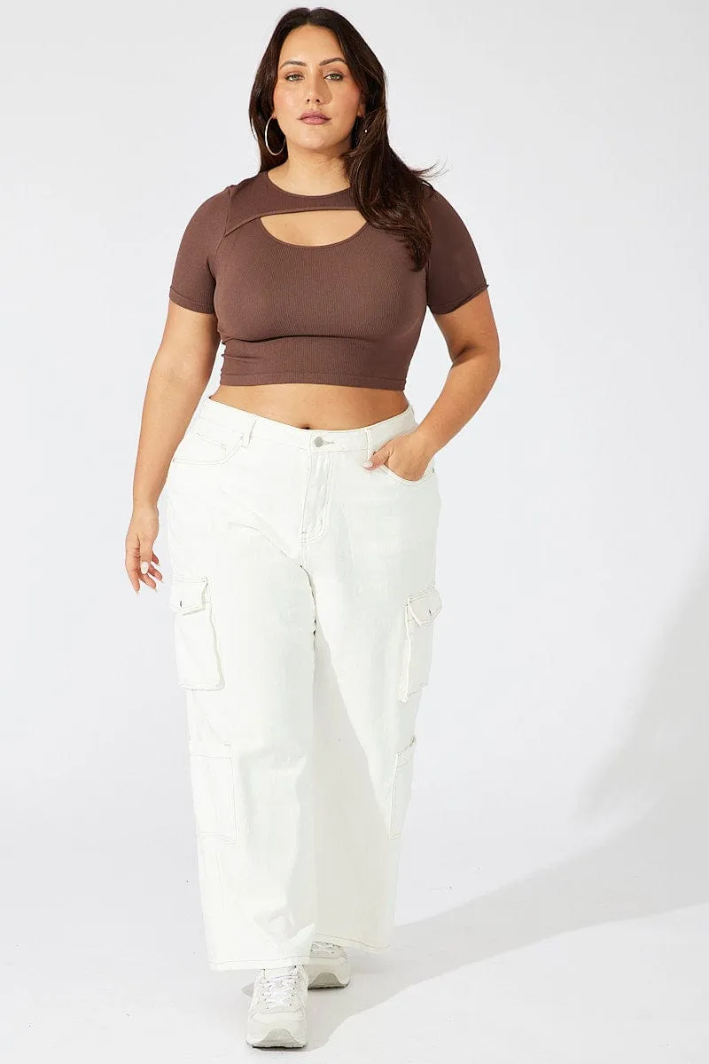 Trendy Outerwear Brown Cut Out Top Short Sleeve Crew Neck Seamless