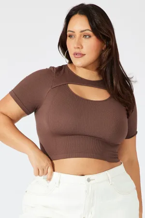 Village Charm ZeroWaste Production Brown Cut Out Top Short Sleeve Crew Neck Seamless