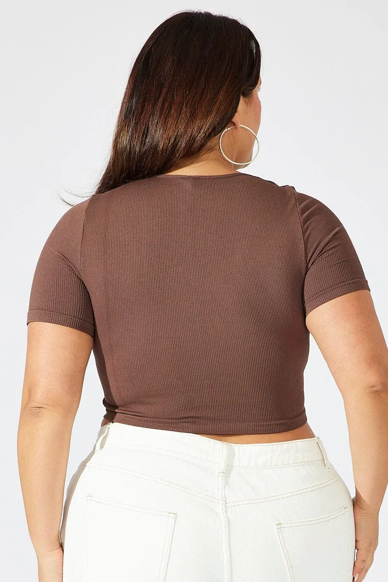 Active clothing Brown Cut Out Top Short Sleeve Crew Neck Seamless