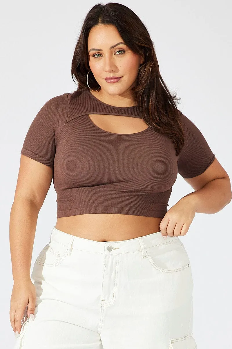 NonRestrictiveFit Conscious Core Brown Cut Out Top Short Sleeve Crew Neck Seamless