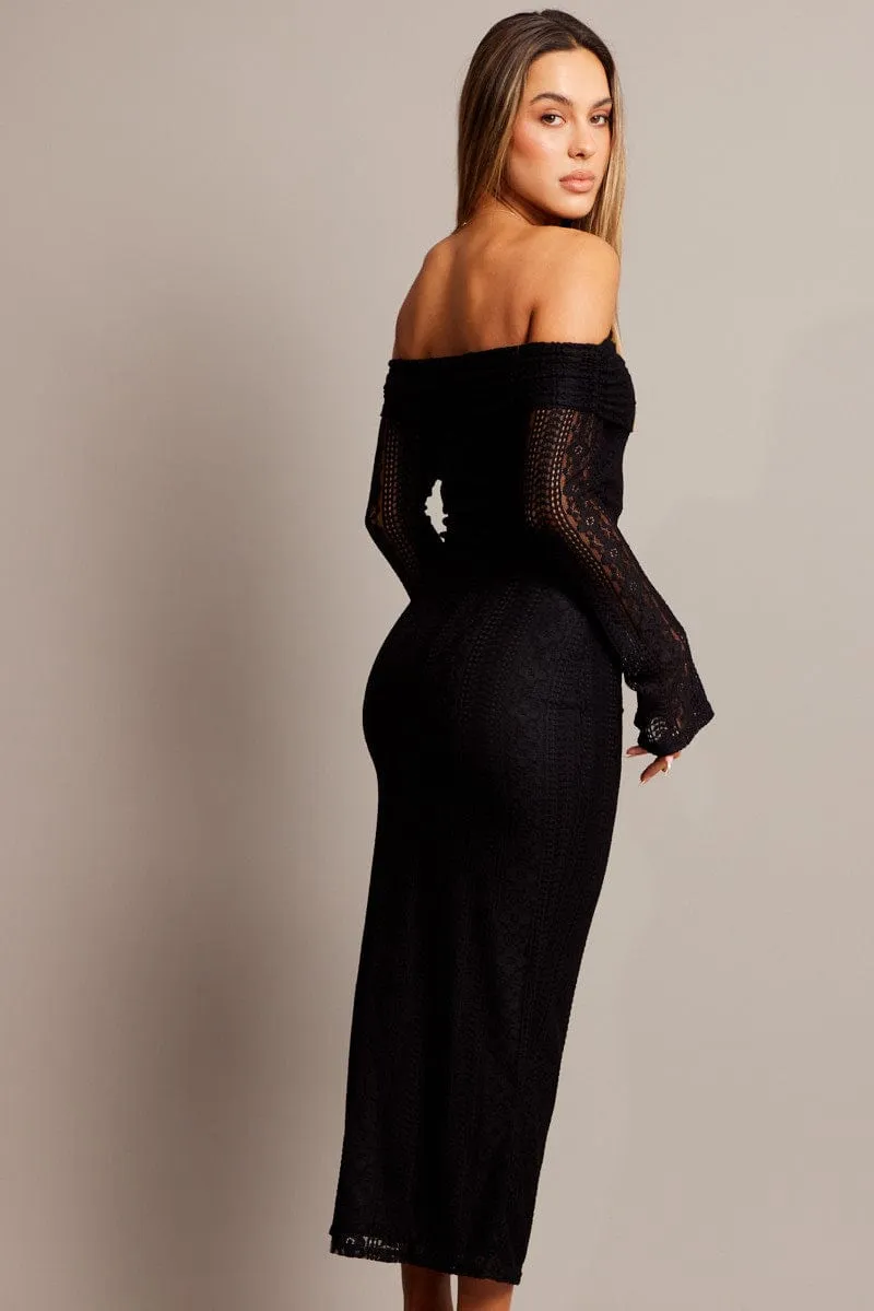 Reflective accents Black Bodycon Dress Off Shoulder Lace