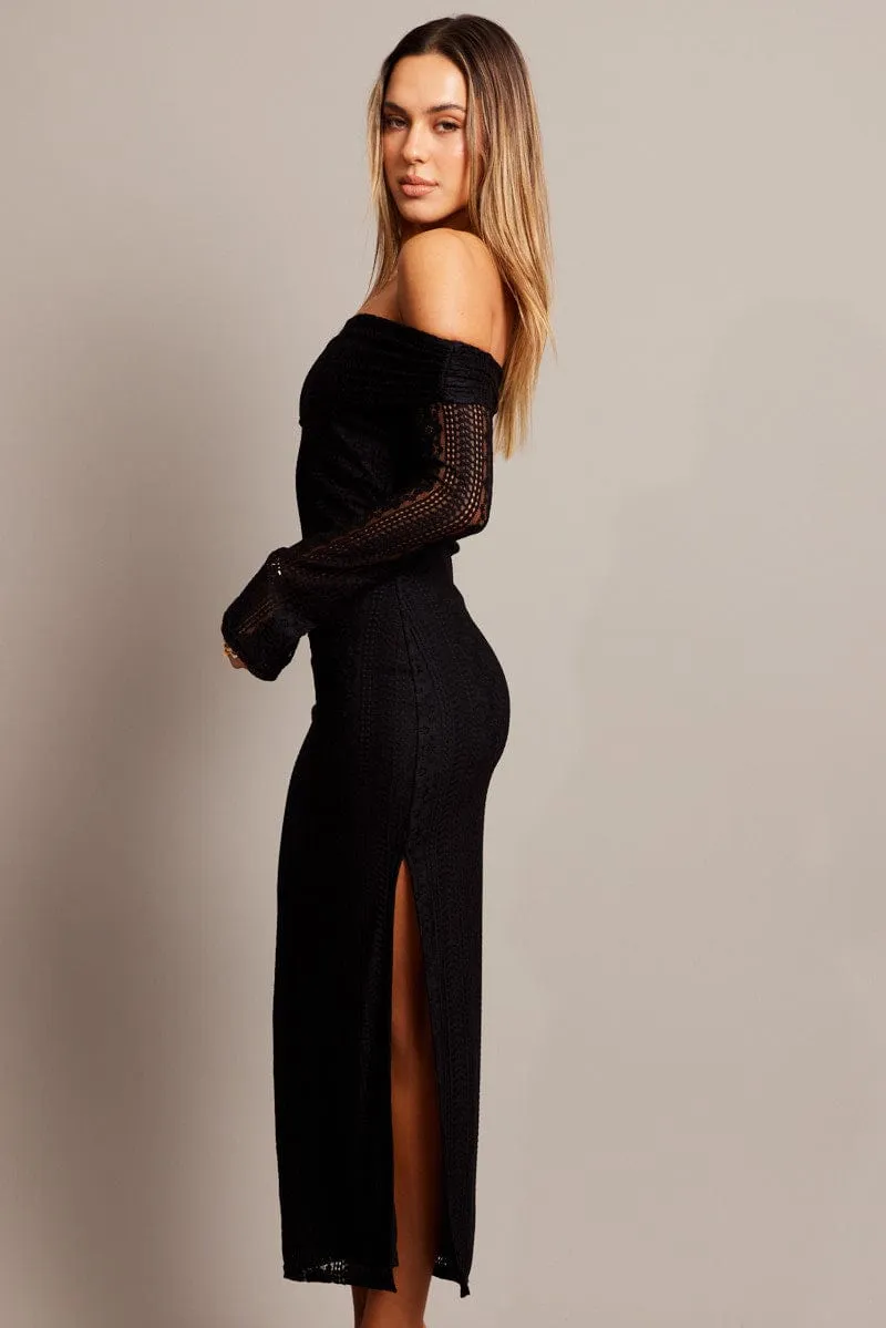 Black Bodycon Dress Off Shoulder Lace Shimmer Core AdjustableWaist