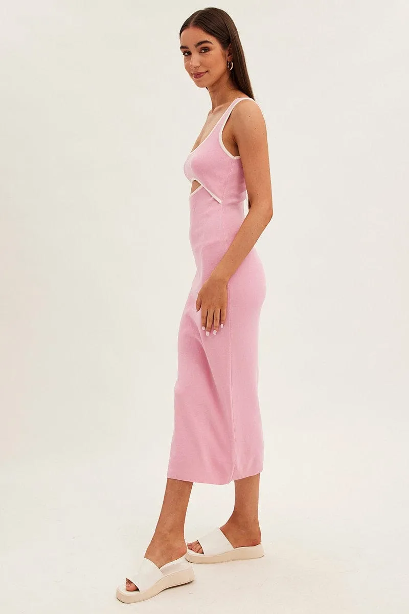 Pink Knit Dress Midi Sleeveless Contrast Binding Fable Core MinimalistStyle