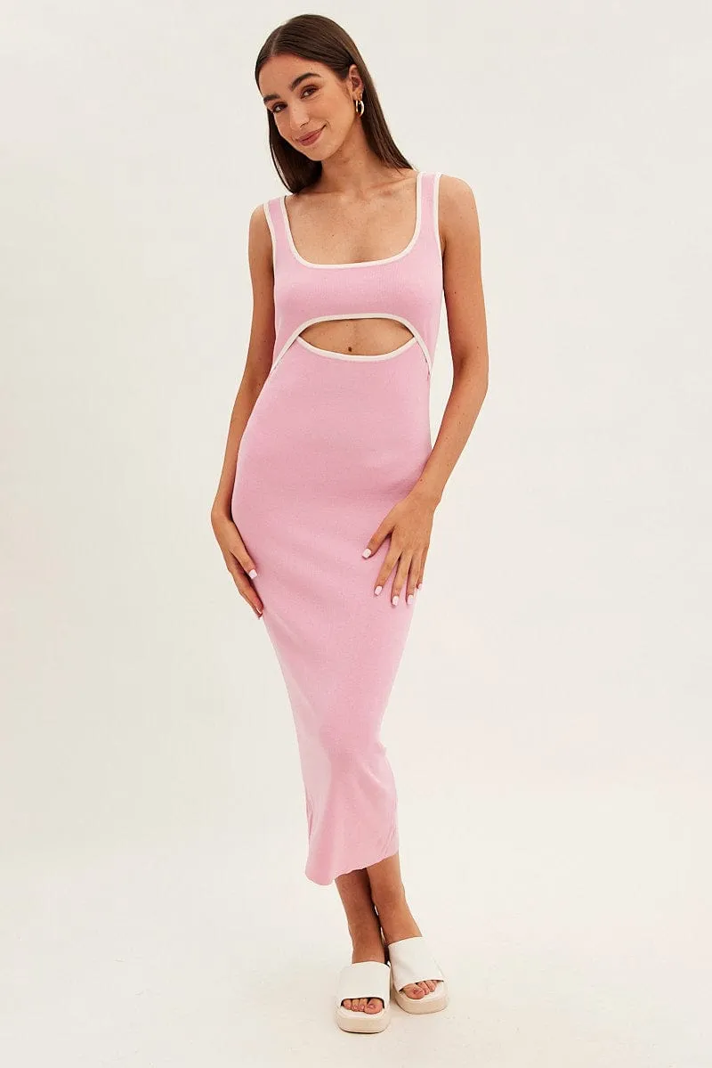 BreathableMesh Festival Air Pink Knit Dress Midi Sleeveless Contrast Binding