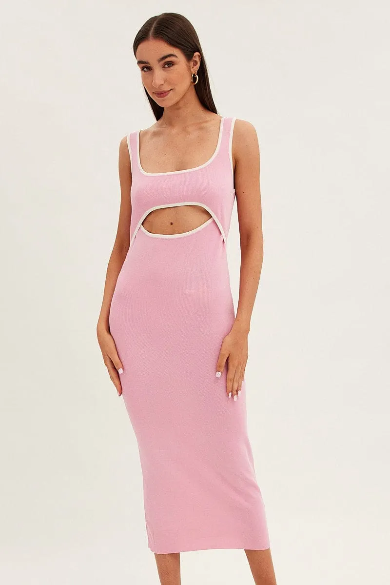 Pink Knit Dress Midi Sleeveless Contrast Binding Practical Style QuickDry Technology