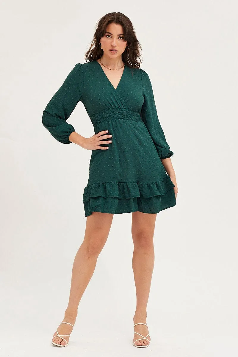 WrinkleResistant Fabric BiasCut Trims Green Skater Dress Long Sleeve Mini Knit