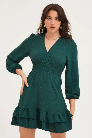 Green Skater Dress Long Sleeve Mini Knit FlexibleFit BuiltIn Grip