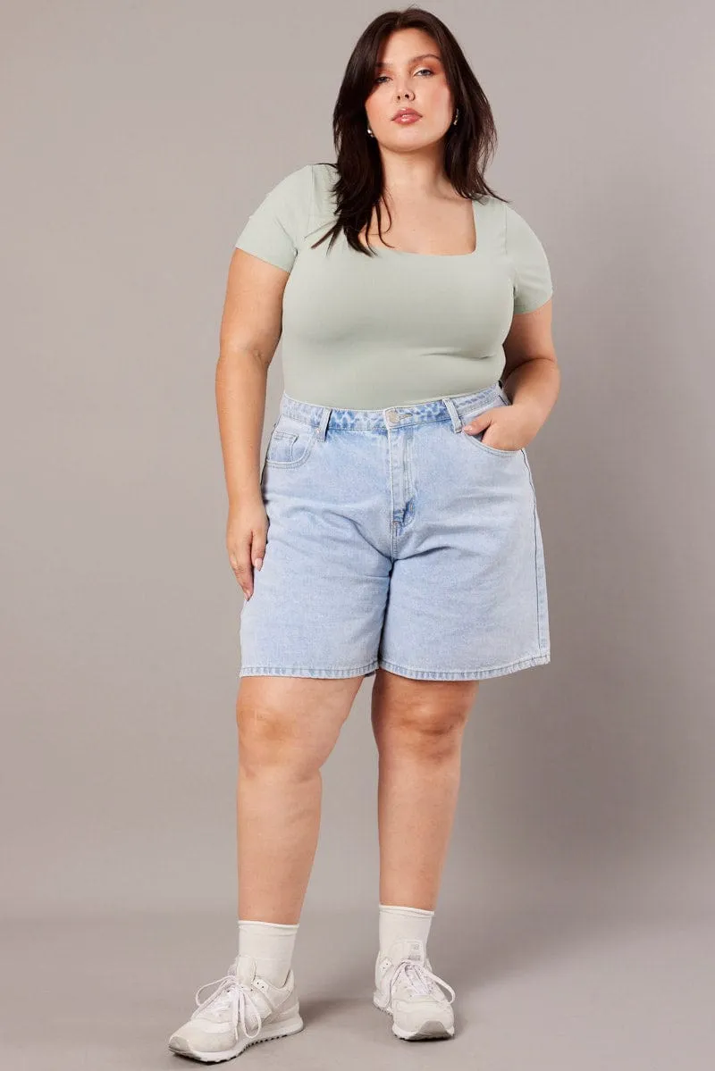 Chic Accessory Green Bodysuit Short Sleeve Square Neck Supersoft