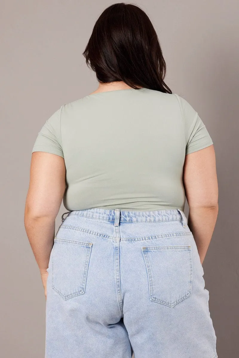 Leather Core Green Bodysuit Short Sleeve Square Neck Supersoft