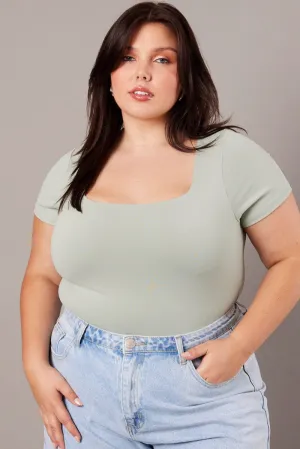 Professional Fit Green Bodysuit Short Sleeve Square Neck Supersoft