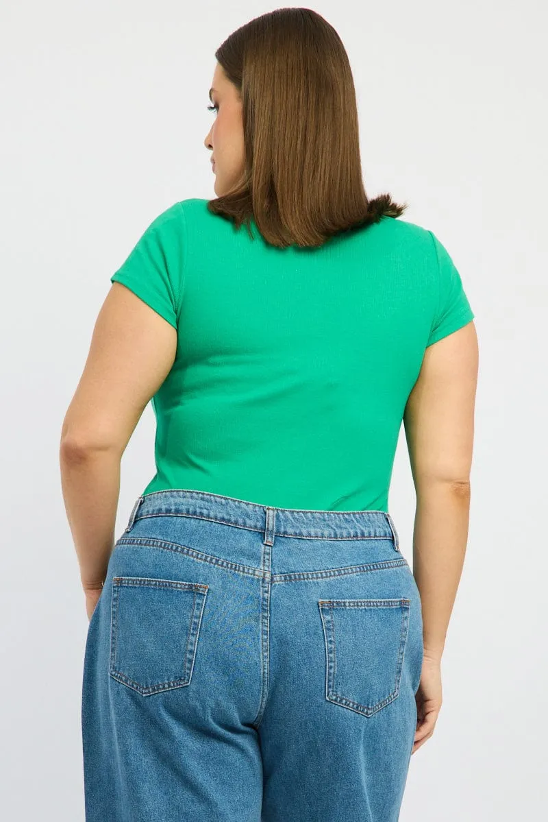 Green Bodysuit Scoop Neck Short Sleeve CompressionKnit NonChafe