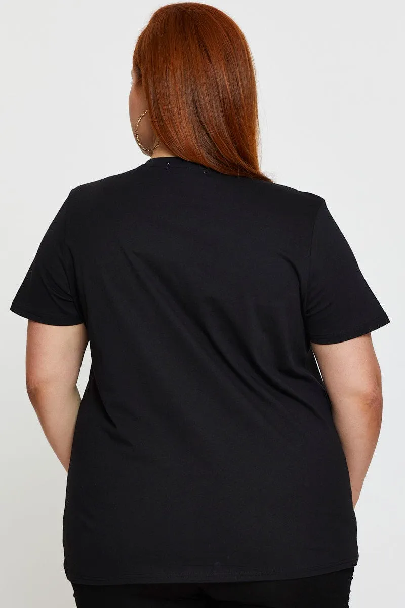 Black Cotton T-shirt Crew Neck Short Sleeve Durable Colorfast Finish