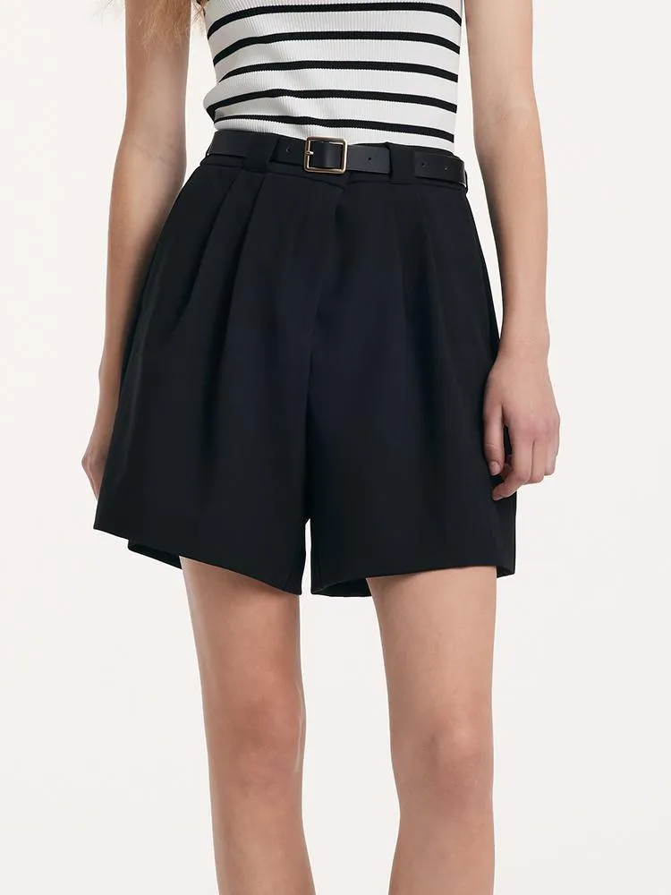 stretchy fabric Compact Storage Pocket Black Loose A-Line Shorts With Belt