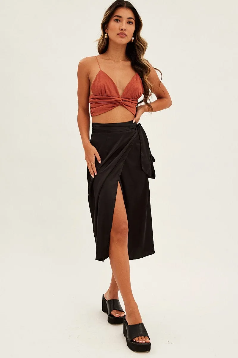Black Tie Front Satin Midi Skirt Photography Session Tapered Cut