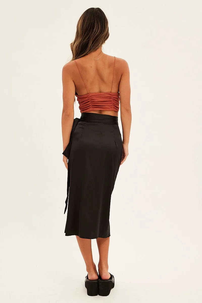 Black Tie Front Satin Midi Skirt Pleated design