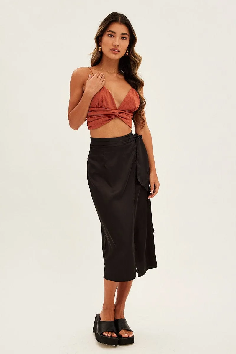 Crisp Finish Black Tie Front Satin Midi Skirt