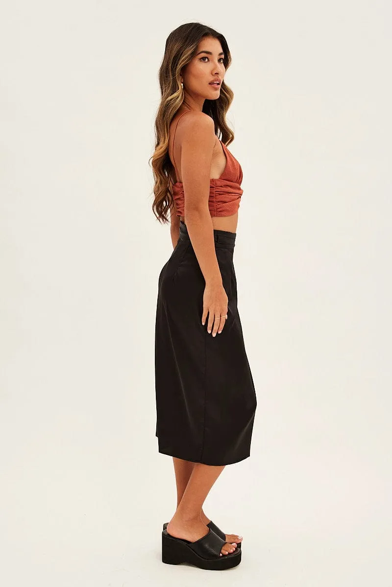 Black Tie Front Satin Midi Skirt Bold Details Pleated design